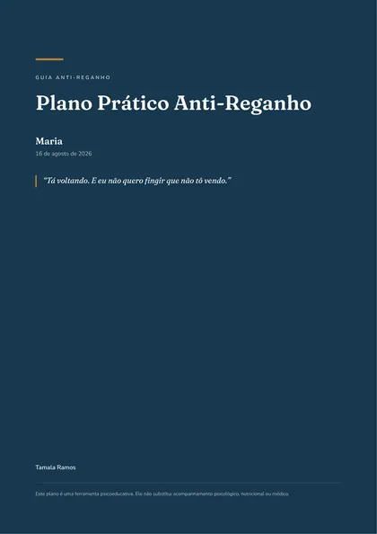 Capa do Plano Prático Anti-Reganho em PDF, com o nome da participante e a frase de abertura escrita por ela.