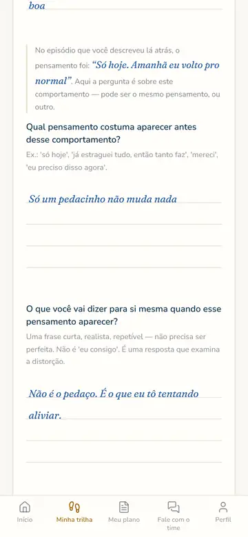 Cartão de resposta: o pensamento que costuma aparecer antes do comportamento e, abaixo, a frase que a participante escolheu para responder a ele.