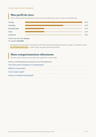 Página interna do Plano Prático Anti-Reganho impresso, mostrando o perfil de risco e os comportamentos escolhidos.